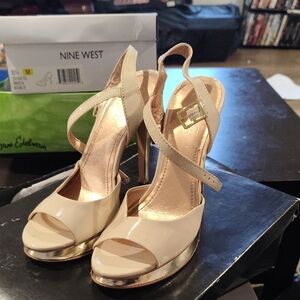 Nine West Cream Peep-Toe Heels with Gold Accents